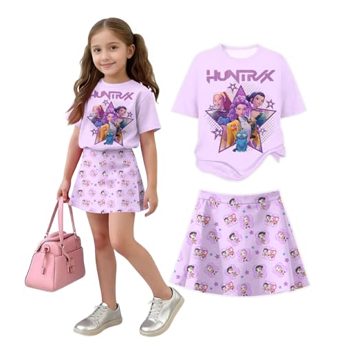 HTHLVMD K Pop Short Sleeve T-Shirt and Skirts Outfits Set for Girls Hunters Girl's Anime Graphic Tees De-Mon Summer Sets A44 Purple Pink 7-8 years