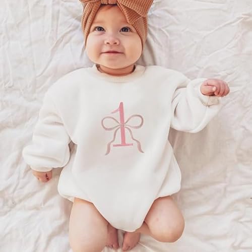 Honganda Baby Girl 1st Birthday Outfit Long Sleeve Bow Embroidery One Bubble Romper Sweatshirt Fall First Birthday Clothes2