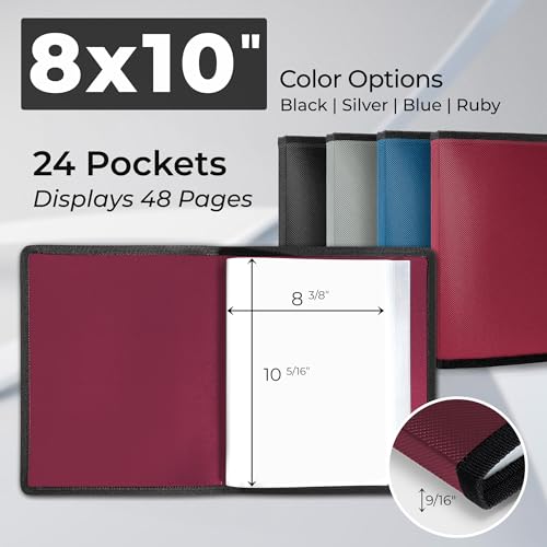 Dunwell Photo Album 8x10 (Ruby) with Black Mounting Paper, 8 x 10 Photo & Art Portfolio Presentation Book, 24 Clear Sleeves, Each Shows 48 Pages, Professional Photography Book for Pictures, Artwork