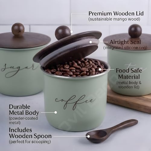 Image of Airtight Sugar, Coffee and Tea Canister Set of 3 with Wooden Spoons, Green, Metal with Wood Lid, 800ml, 11x11x15 cm | Food-Safe Jar Set for Kitchen counter top Container
