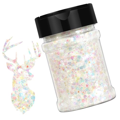 HTVRONT Holographic Chunky White Glitter - 100g Chunky Glitter for Crafts, 3.53oz Iridescent Glitter Chunky Mixed with Fine Glitter, Snow Glitter for Nails, Body, Makeup, Tumbler, Resin Glitter