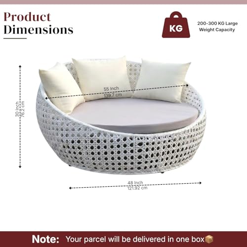 Image of DEVOKO Outdoor Pool Side, Garden, Balcony, Porch, Backyard, Terrace, Patio, Beach Round Sofa Wicker And Rattan Unique Design Daybed Furniture Set (White And Off White), 139 Centimeters, 122 CM, 76 CM