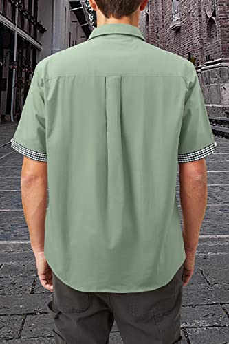 Short Sleeve Dress Shirt For Men Casual Plaid Spread Collar Button Down Cotton Linen Summer Beach Shirts(Green,S) #TOP2