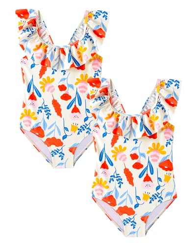 Angel season Girls Ruffle Floral One Piece Swimsuit and Toddler Girls Bathing Suit Bundle