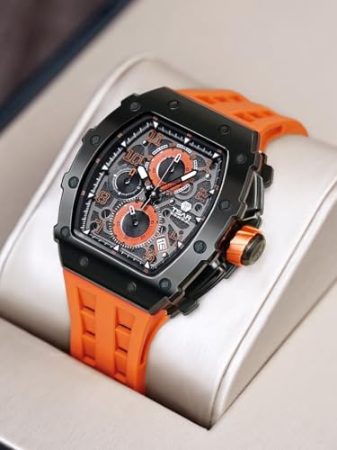 Image of Tsar Bomba Men's Tonneau Luxury Watch - Quartz Chronograph Skeleton Dial, Black Stainless Steel Case, Orange Silicone Strap, 50M Water Resistant, Watch for Men - TB8204Q-12