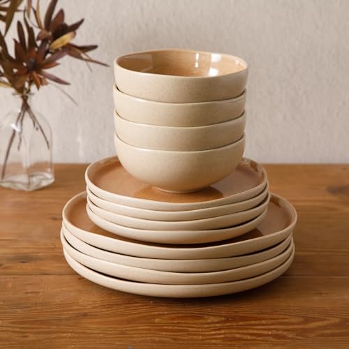 Image of Gibson Elite Manila Bay 12-Piece Stoneware Dinnerware Set, Service for 4, Reactive Glaze Modern Artisan Plates, Bowls & Mugs, Orange, Round Design
