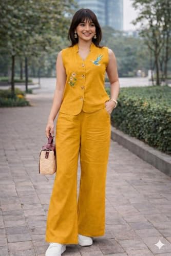Image of Lyssa Yellow Ember Embroidered Co-Ord Set for Women, Sleeveless Vest with Wide-Leg Trousers