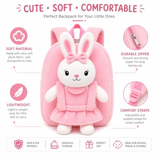 Image of Cartoon Plush Kids School Bag 2-6 Years | Soft Toy Backpack for Boys & Girls | Toddler Nursery Preschool Bag | Lightweight Adjustable Straps