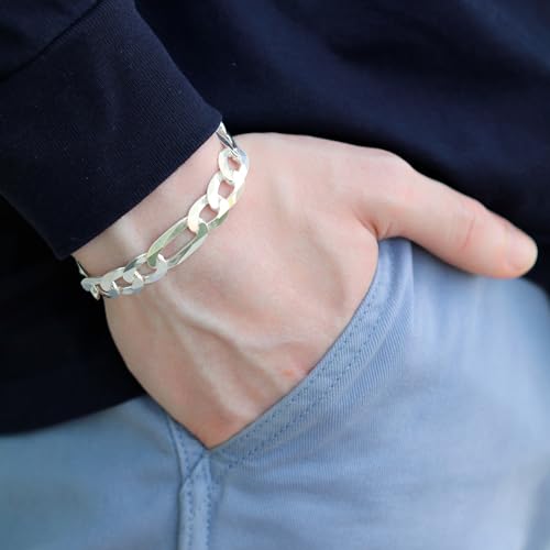 Aka Gioielli - Solid 925 Sterling Silver 11mm Diamond-Cut Figaro Link Chain - Bracelet for Men - Made in Italy3