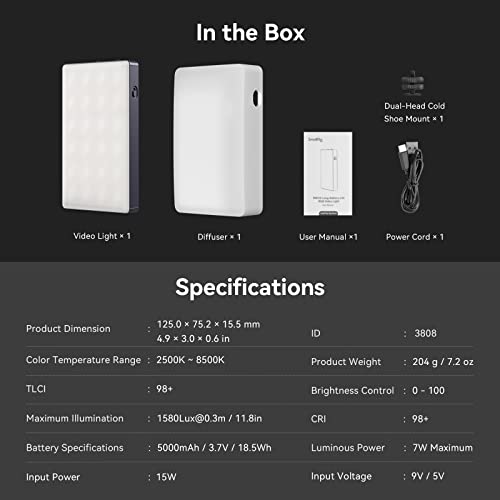 SmallRig RM120 RGB Video Light, 5000mAh 180 Minutes Portable Camera Light 7W Output Power, LED Video Light Panel, 2500-8500K CRI TLCI 98+ for TikTok, Content Creator, Photographer