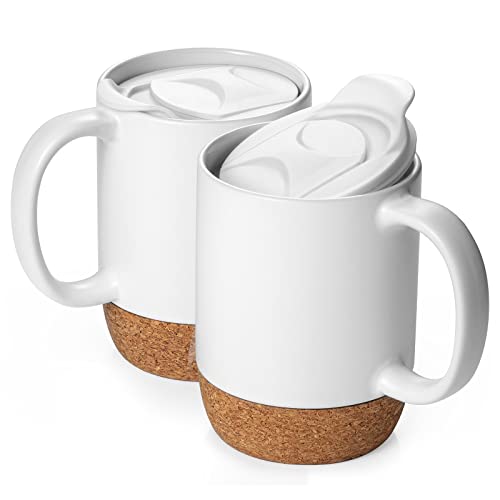 DOWAN Coffee Mugs Set of 2, 15 OZ Ceramic Mug with Cork Bottom and Lid, Large Coffee Mug with Handle, Coffee Mug Ceramic Set，Gifts for Father, Men, Women, Matte White