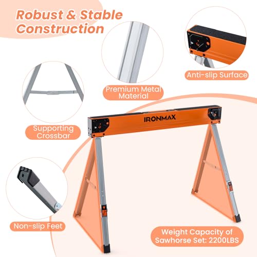 Goplus Saw Horses 2 Pack, 2200 LBS Portable Folding Sawhorse with 2x4 Brackets & Side Supports, Easy Setup & Lightweight Work Horse, Heavy Duty Saw Horse for Woodworking, DIY Project & Garage