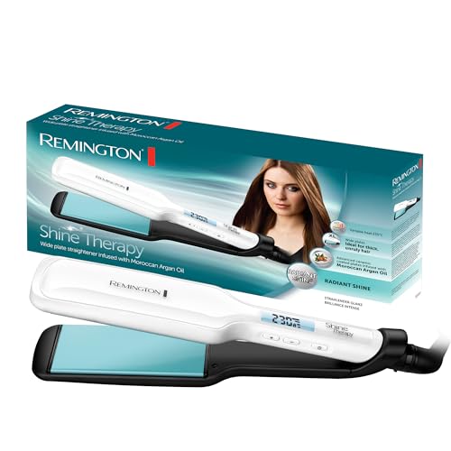 Remington Piastra per Capelli Larga - Shine Therapy: Rivestimento Ceramico con ingredienti microattivi per maggiore brillantezza - Olio di argan marocchino e vitamina E, Display LCD, 150-230°C, S8550