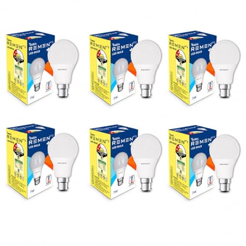 Image of REMEN 7W LED Bulb B22 Base Pack of 6 | 6500K Cool Day Light | 735 Lumens | BIS Certified & BEE 2 Star | 105 lm /W High Efficiency | LED Bulb for Home, Bedroom, Kitchen & Office