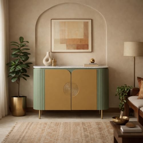 Image of Solid Wood Mandala Sideboard Cabinet with Sintered Stone Top for Living Room | 119.8 x 39.8 x 85 cm | Olive Green and Premium Acrylic Terracotta Brown Finish