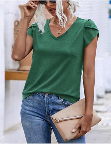 Zeagoo Camiseta Mujer Manga Corta Cuello en V Camisetas Sólido Manga con Pétalos Verano Camisa Casual Basic T-Shirt Verde XXL