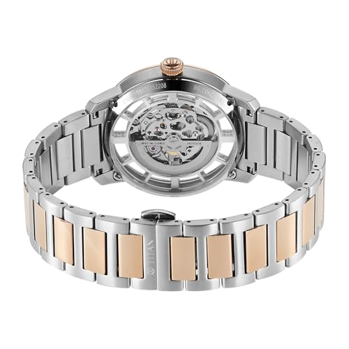 Image of Titan See-Through Skeletal Automatic Analog with White Dial Bimetal Rose Gold & Steel Strap Watch for Men - 90220KM01