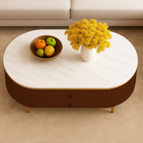 Image of WOODEN SPACE Premium Moderno Marble-Top Coffee Table with Storage Drawer & PVD Coated Iron Legs | Oval Wooden Center Table for Living Room & Entryway (Brown)