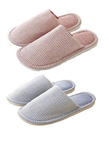 New Striped Linen Comfortable Slippers Women Non-Slip Cotton Slippers,Closed Toe Spa Slippers Washable,2 Pairs,Color Sent Randomly Multicoloured