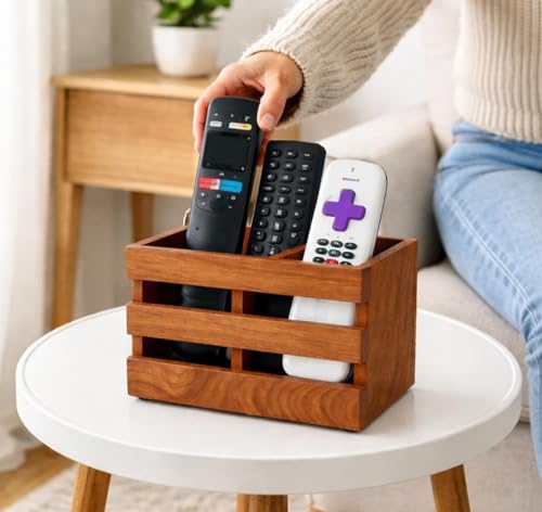 Image of Wooden Remote Control Holder Stand for Living Room & Bedroom | 2 Compartment Remote Organizer for TV, Sofa & Side Table | Brown