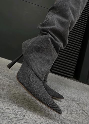 Image of Goolita Fold Over Boots For Women, Pointed Toe Stiletto Heel Knee High Boots Fashion Comfortable Slip On Tall Boots
