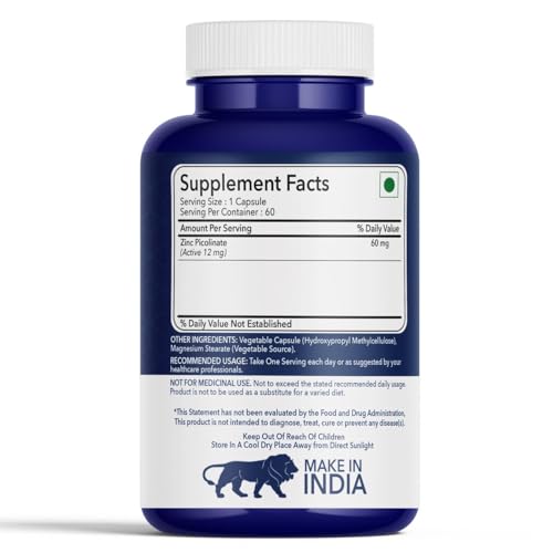 Image of Fitness Veda Zinc Picolinate 60 mg Supplement | High Absorption, Cellular Health | Highly Bioavailable Capsules | Vegetarian Dietary Supplement | 60 Veggie Capsules