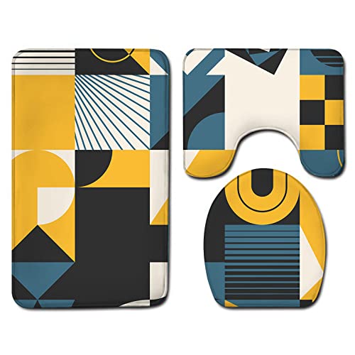 Badematten Set,Badematten Teppich-Set 3-Teilige Blaue Nähte Geometrische Muster 3D-Druck Rutschfeste Badematten Weiche…