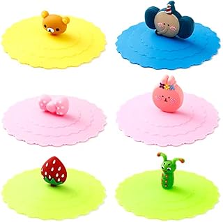 Cdemiy Silicone Cup Cover, 6 PCS Cup Covers for Drinks, Reusable Anti-Dust Drink Covers, Creative Round Cartoon Glass Cup Covers for Tea Beer Wine Water Coffee