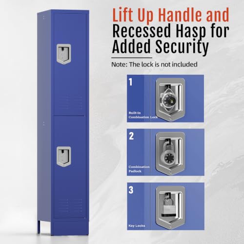 Image of BUTISOW 2 Door Metal Storage Locker for Gym Office, Heavy Duty Steel School | Locker with Lift Up Handle & Recessed Hasp, Slim 2-Tier Lockers for Home Garage, 72 inchH x 12.4 inchW x 15.75 inchD, Blue