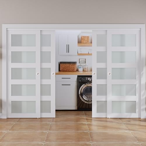 SMARTSTANDARD 120x80 Inch Closet Sliding Door Kit - Four 31" White Barn Doors with Frosted 5-Panel Glass, MDF PVC Surface, Complete Hardware Included for Easy Installation 120"(Double 60")×8