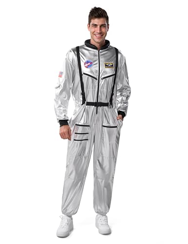 Spooktacular Creations Disfraz de astronauta de Halloween para adultos, hombre, traje espacial plateado, mono espacial, traje de piloto para fiestas de disfraces, cosplay (mediano)