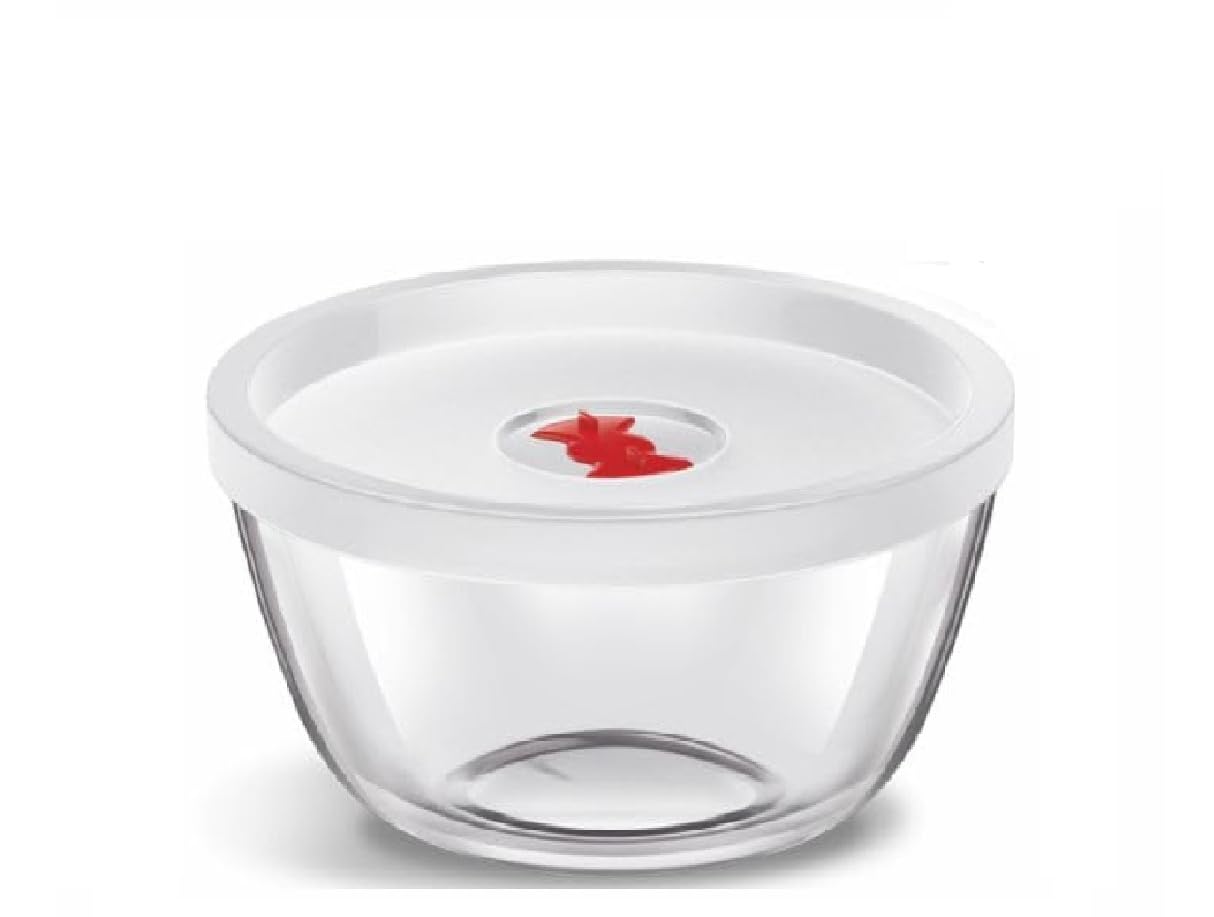 Nobel Borosil Glass Mixing Bowl with a White Plastic lid, Clear and Round in Shape, is Microwave and Dishwasher Safe, Featuring an airtight Design with a 0.5-Litre (500 ml) Capacity.