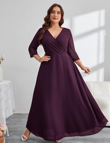 Image of ZOMVA Plus Size Maxi Formal Dress Lace Chiffon Floral V-Neck Wrap Wedding Guest Evening Gown Cocktail Prom 3 /4 Sleeves
