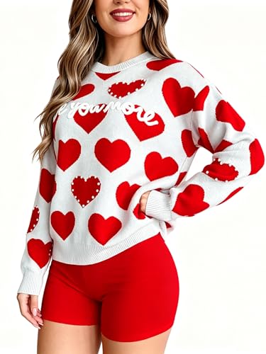 Image of Women's Cute Heart Sweater Love Print Valentine Romantic Knitted Top Casual Crewneck Long Sleeve Sweaters Pullover