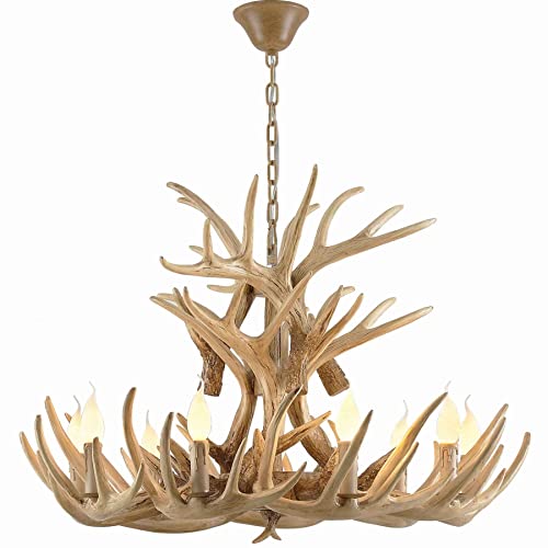 Hubrin Antler Chandelier 9 Light, Farmhouse Antler Light Fixtures, E12 Base Vintage Deer Horn Pendant Light For Home Coffee Bar (9 Lampholder Arms+ 6 Arms) #TOP6