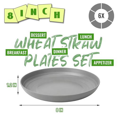 Image of 8 Inch Wheat Straw Deep Plates, Unbreakable Plates Set of 6, Grey | Plastic Plates Reusable for Dessert, Appetizer, Microwave Safe Dishwasher Safe Plate for Family, Camping, RV