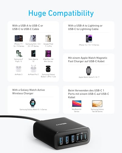 Image of Anker Desktop Charger, Fast Charging USB C Charger with 112W Max 6-Port Desk Accessories for Home Office, Campatible with Multiple Devices, iPhone, iPad, MacBook, Galaxy and More (Cable Not Included)