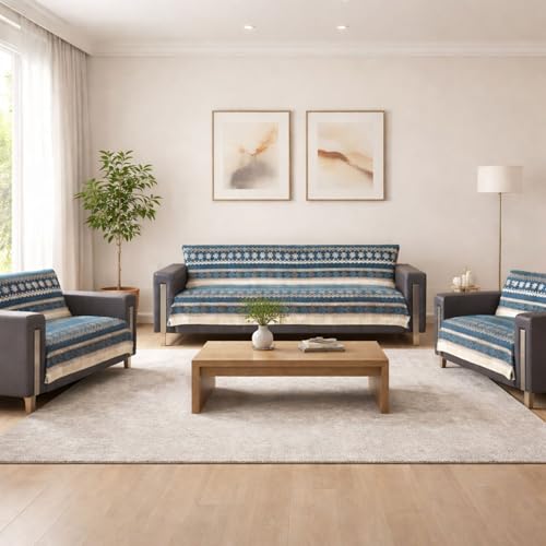 Image of Elegant Woven Turquoise Sofa Cover Soft Chenille Traditional Pattern with Lace Style | L-Shape Sectional Seat Protector for Living Room | Durable & Stylish Slipcover 7 Seater Sofa Cover
