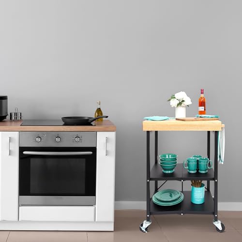 Origami Folding Kitchen Cart on Wheels, 3-Tier Foldable Rolling Cart - Chefs Outdoor Cart for Wine and Food, Microwave Cart, Plating Shelf