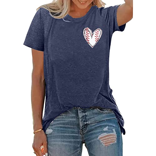 MOUSYA Baseball Mom Shirt Women Heart Baseball Shirt Softball Mom Tee Casual Short Sleeve Tops Deep Blue
