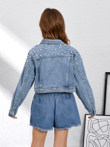 WDIRARA Girl's Beaded Denim Jacket Button Down Collared Long Sleeve Jeans Jackets Y2K Outerwear2