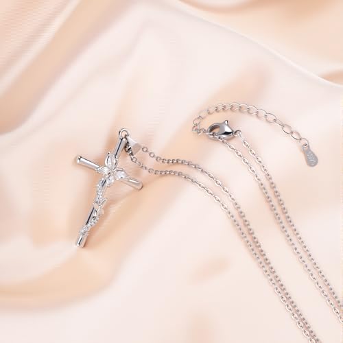 Charms Sterling Silver Trendy Cross Butterfly Pendant Necklace Dainty CZ White Gold Plated Hypoallergenic Jewelry with Silver Chain Fashion Birthday Gift for Women4