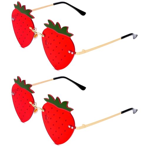Strawberry Shape Sunglasses Red Strawberry Rimless Sunglasses Fruit Theme Party Prom Accessories Costumes Glasses for Women Summer Holiday Birthday, Set of 2