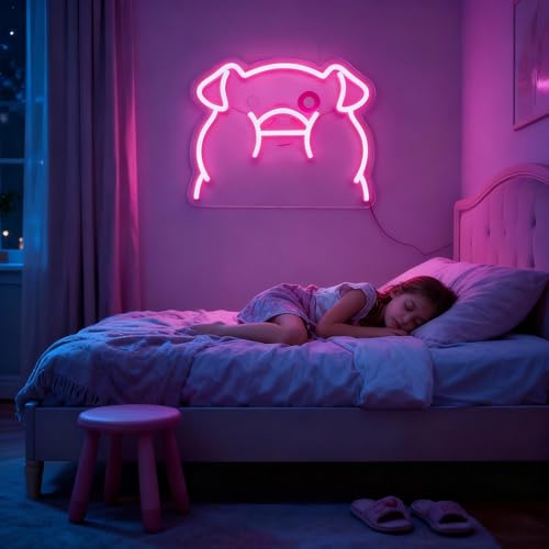 Image of Pink Pig LED Neon Sign | USB Powered Night Light, Nursery Wall Decor, Kids Room Art Lamp, 12.6x10 inches