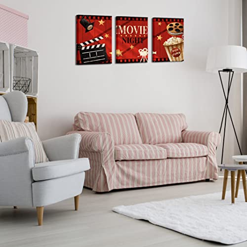 Apicoture Home Theater Wall Decor Movie Night Sign Canvas Wall Art Prints Movie Film Reels Popcorn Lamplight Painting Prints Media Room Home Cinema Wall Framed 12"X16"X3 Pieces #TOP3