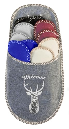 BOOTSY® Chaussons pour invités - Motif Welcome Cerf (5 paires) • Pantoufles en feutre unisexe • Lot de chaussons d’accueil • Tailles 35/38, 38/40,...