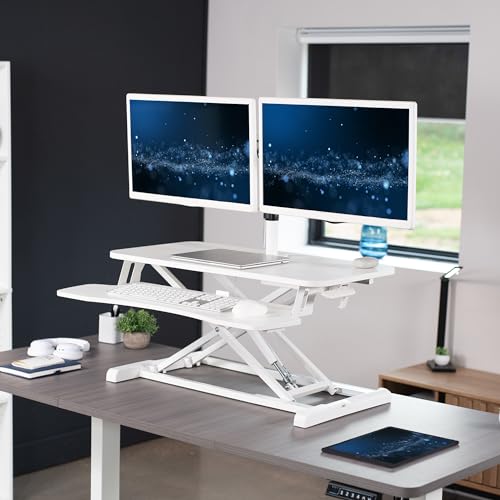 Image of VIVO Height Adjustable 32 inch Standing Desk Converter with Dual 13 to 30 inch Monitor Stand, Sit Stand Monitor Mount and Desk Riser, White, DESK-V000K-M2W