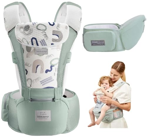 Image of Bebamour Baby Carrier Newborn to Toddler-Baby Hip Carrier Front and Back Carry with Head Hood & 3 Pieces Teething Pads& Waist Extenders (Green)