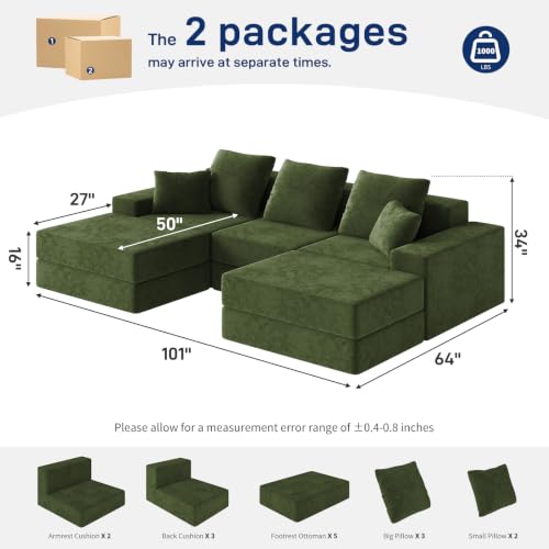 Image of Living&Giving 101 inch U-Shaped Cloud Sectional Couch for Living Room, Cloud Boneless Couch-No Assembly with Reversible Chaise, Customizable 3-Seat Modular Sectional Sofa with 2 Ottoman, Green