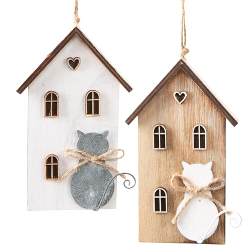 Holzanhänger Häuser mit Katzen, 2 Stück: Haus-Anhänger aus Holz & Metall, Geschenkanhänger Katze, Fensterdeko, Dekohäuser Frühling zum Aufhängen, Geschenke Klein, Holzdeko, Hängedeko Natur, 8 x 14 cm